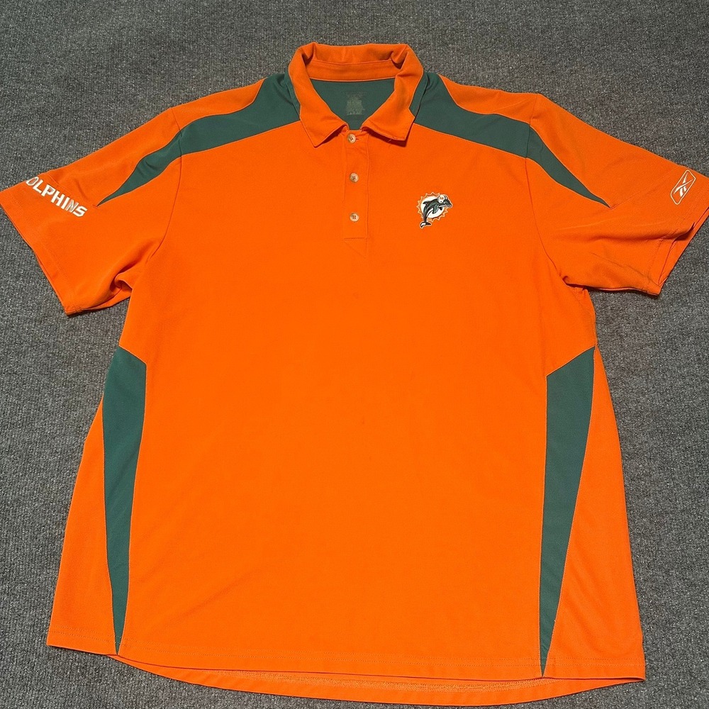 Reebok Miami Dolphins Old Logo NFL Mens Orange Teal Polo Shirt Large Gameday